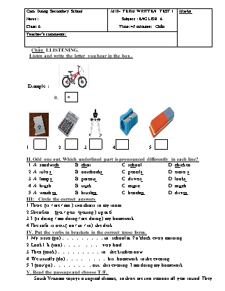 Bộ đề kiểm tra 1 tiết môn Tiếng Anh Lớp 6 - Trường THCS Cẩm Dương (Có đáp án)