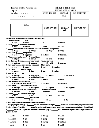 Đề kiểm tra 1 tiết học kỳ I môn Tiếng Anh Lớp 6 - Trường THCS Nguyễn Du