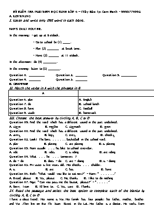 Đề kiểm tra giữa học kỳ môn Tiếng Anh Lớp 6