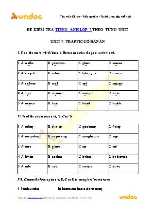 Đề kiểm tra môn Tiếng Anh Lớp 7 - Unit 7: Traffic