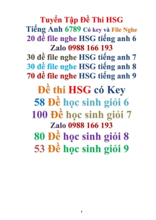 Đề thi học sinh năng khiếu cấp huyện môn Tiếng Anh Lớp 6 - Năm học 2018-2019 - Phòng giáo dục và đào tạo Thanh Sơn