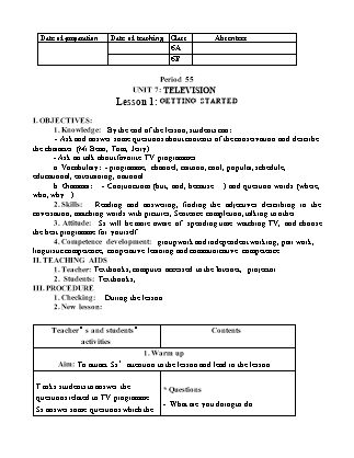 Giáo án môn Tiếng Anh Lớp 6 - Unit 7: Television