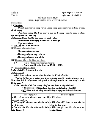 Giáo án Sinh học Lớp 6 - Tiết 1, Bài: Đặc điểm của cơ thể sống - Năm học 2019-2020