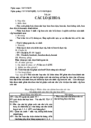 Giáo án Sinh học Lớp 6 - Tiết 34: Các loại hoa - Năm học 2019-2020