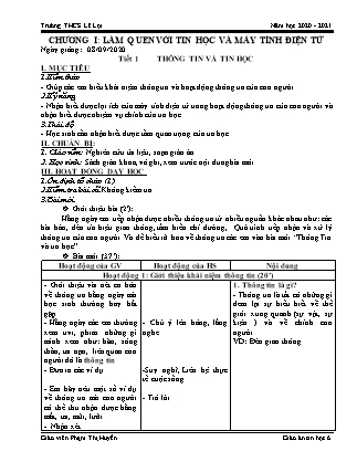 Giáo án Tin học Lớp 6 - Tiết 1: Thông tin và tin học - Năm học 2020-2021 - Trường Trung học Cơ sở Lê Lợi