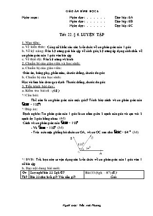 Giáo án Hình học Lớp 6 - Chương II: Góc - Tiết 22: Luyện tập - Năm học 2010-2011