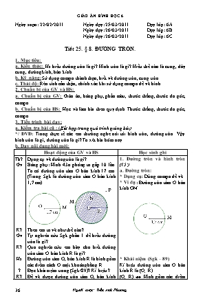 Giáo án Hình học Lớp 6 - Chương II: Góc - Tiết 25: Đường tròn - Năm học 2010-2011