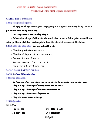 Giáo án Đại số Lớp 6 - Chủ đề 14: Phép cộng số nguyên. Tính chất của phép cộng số nguyên