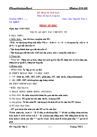 Giáo án Đại số Lớp 6 - Tiết 59, Bài 9: Quy tắc chuyển vế - Năm học 2020-2021