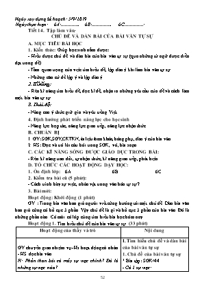 Giáo án Ngữ văn Lớp 6 - Tiết 14: Chủ đề và dàn bài của bài văn tự sự - Năm học 2019-2020