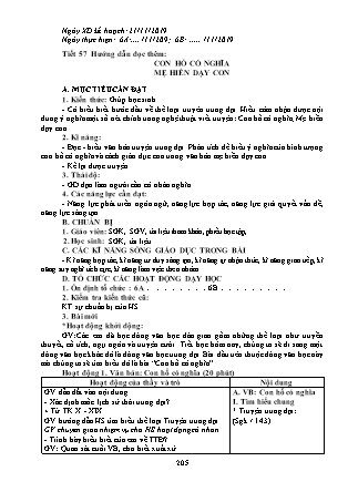 Giáo án Ngữ văn Lớp 6 - Tiết 57: Văn bản "Con hổ có nghĩa, Mẹ hiền dạy con" (Tiếp theo) - Năm học 2019-2020