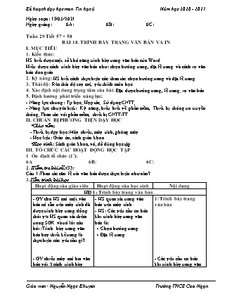 Giáo án Tin học Lớp 6 - Tiết 57+58: Trình bày trang văn bản và in - Năm học 2020-2021 - Nguyễn Ngọc Khuyên