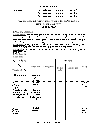 Giáo án Đại số Lớp 6 - Tiết 109+110: Đề kiểm tra cuối năm - Năm học 2010-2011 - Trần Anh Phương