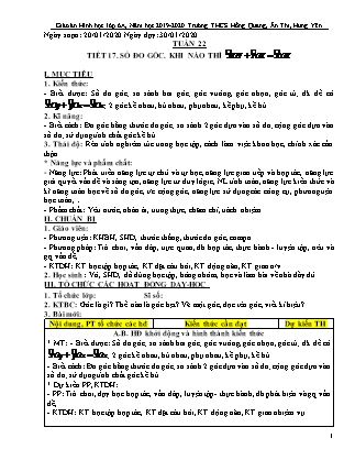 Giáo án Đại số Lớp 6 - Tiết 17: Số đo góc. Khi nào thì xOy + yOz = xOz - Năm học 2019-2020 - Trường Trung học Cơ sở Hồng Quang