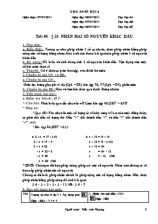 Giáo án Đại số Lớp 6 - Tiết 60, Bài 10: Nhân hai số nguyên khác dấu - Năm học 2010-2011 - Trần Anh Phương