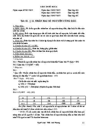 Giáo án Đại số Lớp 6 - Tiết 61, Bài 11: Nhân hai số nguyên cùng dấu - Năm học 2010-2011 - Trần Anh Phương