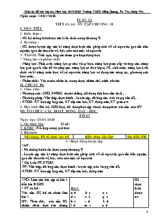 Giáo án Đại số Lớp 6 - Tiết 63+64: Ôn tập chương II - Năm học 2019-2020 - Trường Trung học Cơ sở Hồng Quang