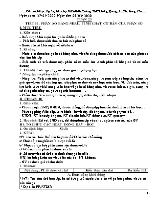 Giáo án Đại số Lớp 6 - Tiết 66: Phân số bằng nhau. Tính chất cơ bản của phân số - Năm học 2019-2020 - Trường Trung học Cơ sở Hồng Quang