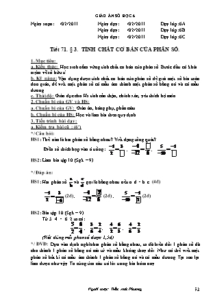 Giáo án Đại số Lớp 6 - Tiết 71, Bài 3: Tính chất cơ bản của phân số - Năm học 2010-2011 - Trần Anh Phương