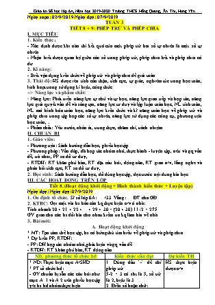 Giáo án Đại số Lớp 6 - Tiết 8+9: Phép trừ và phép chia - Năm học 2019-2020 - Trường Trung học Cơ sở Hồng Quang