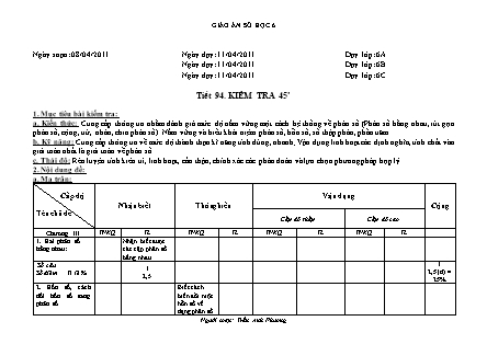 Giáo án Đại số Lớp 6 - Tiết 94: Kiểm tra 45 phút - Năm học 2010-2011 - Trần Anh Phương