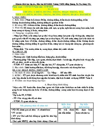 Giáo án Hình học Lớp 6 - Chương I: Điểm. Đường thẳng. Đoạn thẳng. Tia - Tiết 1+2: Điểm, đường thẳng, đường thẳng đi qua hai điểm - Năm học 2019-2020 - Trường Trung học Cơ sở Hồng Quang