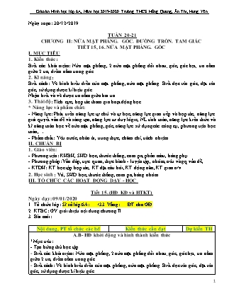 Giáo án Hình học Lớp 6 - Tiết 15+16: Nửa mặt phẳng. Góc - Năm học 2019-2020 - Trường Trung học Cơ sở Hồng Quang