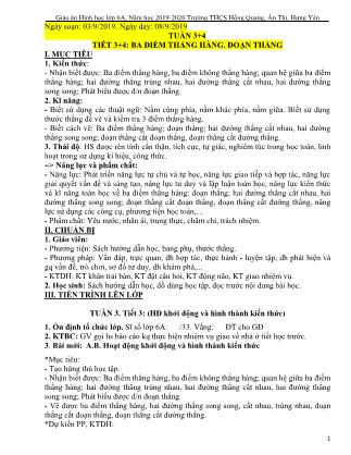 Giáo án Hình học Lớp 6 - Tuần 3+4 - Tiết 3+4: Ba điểm thẳng hàng. Đoạn thẳng - Năm học 2019-2020 - Trường Trung học Cơ sở Hồng Quang