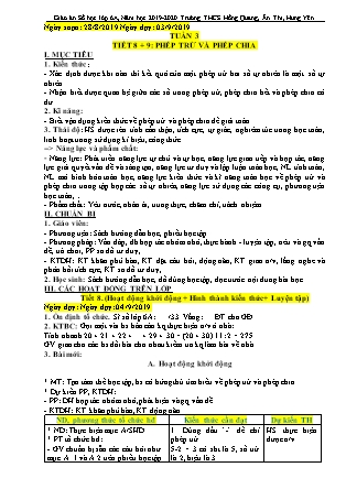 Giáo án môn Đại số Lớp 6 - Tiết 8+9: Phép trừ và phép chia - Năm học 2019-2020 - Trường Trung học Cơ sở Hồng Quang