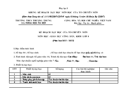 Kế hoạch dạy học của tổ chuyên môn môn học Giáo dục công dân Lớp 8 - Năm học 2021-2022