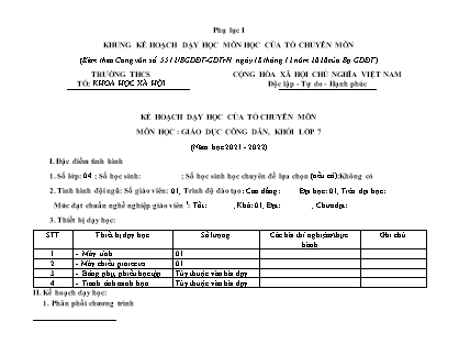 Kế hoạch dạy học của tổ chuyên môn môn học Giáo dục công dân Lớp 7 - Năm học 2021-2022