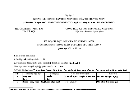 Kế hoạch dạy học của tổ chuyên môn môn học Lịch sử Lớp 7 - Năm học 2021-2022 - Trường THCS Ninh Lai