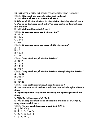 Đề kiểm tra Giữa học kì 1 môn Toán Lớp 6 - Năm học 2021-2022 (Có đáp án)