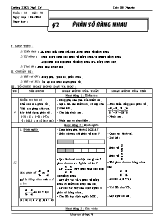 Giáo án Đại số Lớp 6 - Tiết 70: Phân số bằng nhau - Trần Hải Nguyên - Trường THCS Ngãi Tứ