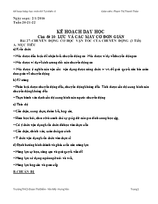 Giáo án Khoa học tự nhiên Lớp 6 - Chủ đề 10: Lực và các máy cơ đơn giản - Bài 27: Chuyển động cơ học vận tốc của chuyển động - Phạm Thị Thanh Thảo