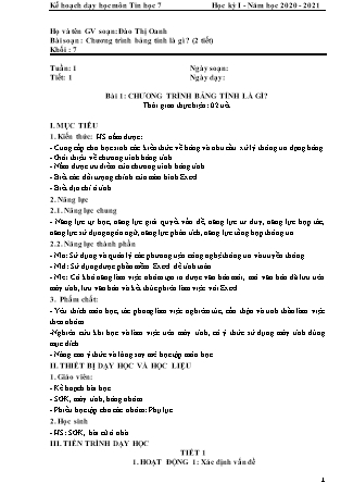 Giáo án Tin học Lớp 7 - Bài 1: Chương trình bảng tính là gì? - Năm học 2020-2021 - Đào Thị Oanh