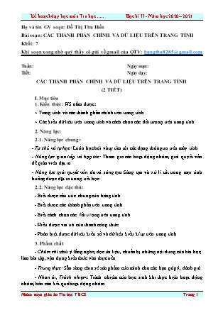 Giáo án Tin học Lớp 7 - Bài 2: Các thành phần chính và dữ liệu trên trang tính - Năm học 2020-2021 - Đỗ Thị Thu Hiền