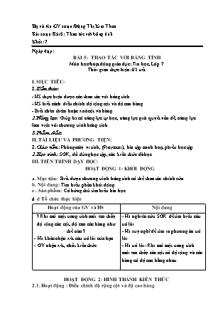 Giáo án Tin học Lớp 7 - Bài 5: Thao tác với bảng tính - Đặng Thị Kim Thoa