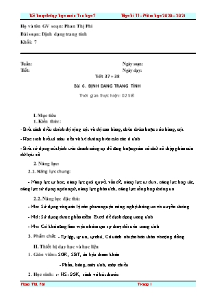 Giáo án Tin học Lớp 7 - Bài 6: Định dạng trang tính - Năm học 2020-2021 - Phan Thị Phi