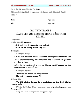 Giáo án Tin học Lớp 7 - Bài thực hành 1: Làm quen với chương trình bảng tính Excell - Năm học 2021-2022 - Nguyễn Thị Nhàn