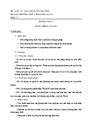 Giáo án Tin học Lớp 7 - Bài thực hành 3: Bảng điểm của em - Nguyễn Thị Ngọc Bích