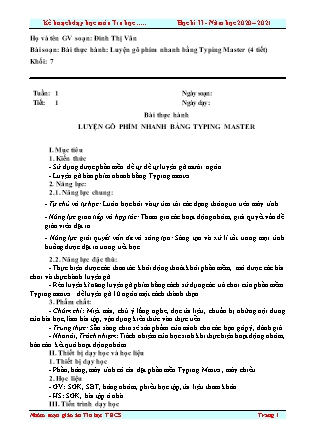 Giáo án Tin học Lớp 7 - Bài thực hành: Luyện gõ phím nhanh bằng Typing Master - Năm học 2020-2021 - Đinh Thị Vân