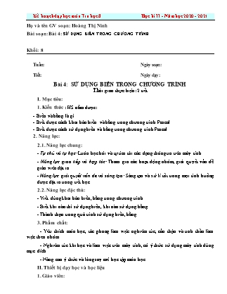 Giáo án Tin học Lớp 8 - Bài 4: Sử dụng biến trong chương trình - Năm học 2020-2021 - Hoàng Thị Ninh