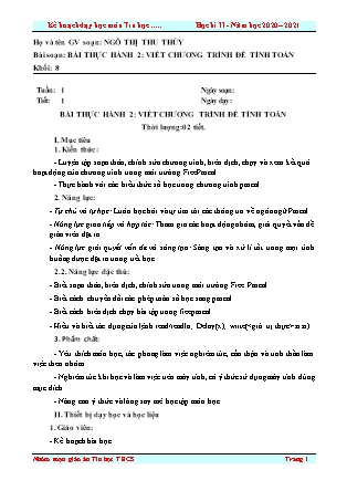Giáo án Tin học Lớp 8 - Bài thực hành 2: Viết chương trình để tính toán - Năm học 2020-2021 - Ngô Thị Thu Thủy