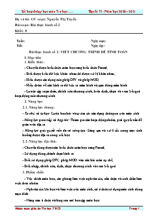Giáo án Tin học Lớp 8 - Bài thực hành 2: Viết chương trình để tính toán - Năm học 2020-2021 - Nguyễn Thị Tuyến
