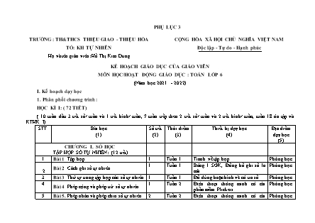 Kế hoạch giáo dục của giáo viên môn Toán Lớp 6 - Năm học 2021-2022 - Trường THCS Thiệu Giao