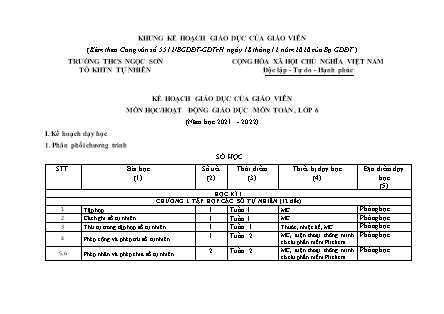 Kế hoạch giáo dục của giáo viên môn Toán Lớp 6 Sách Kết nối tri thức với cuộc sống - Năm học 2021-2022 - Trường THCS Ngọc Sơn