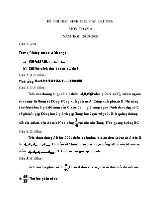 Đề thi Học sinh giỏi cấp trường môn Toán Khối 6 - Năm học 2019-2020 (Có lời giải)