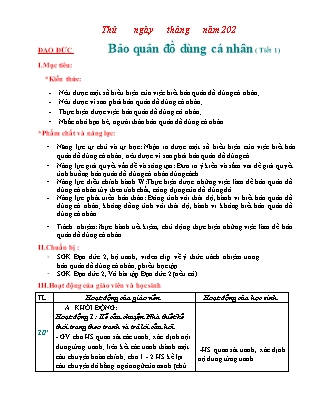 Kế hoạch bài dạy Đạo đức Lớp 2 Chân trời sáng tạo - Bài 3: Bảo quản đồ dùng cá nhân