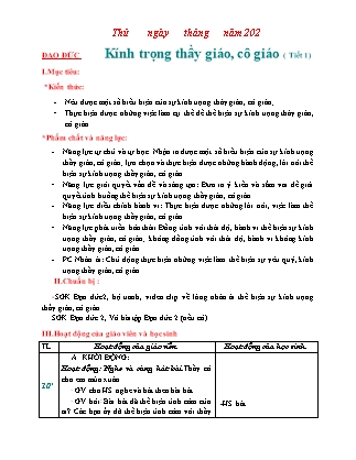 Kế hoạch bài dạy Đạo đức Lớp 2 Chân trời sáng tạo - Bài 5: Kính trọng thầy giáo, cô giáo